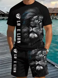 Men's 2-Piece Set, 3D Digital Print Casual Short Sleeve Shorts, Lion King Sports Suit, Wild Style, All Seasons, Loose Fit, Menswear, Sporty