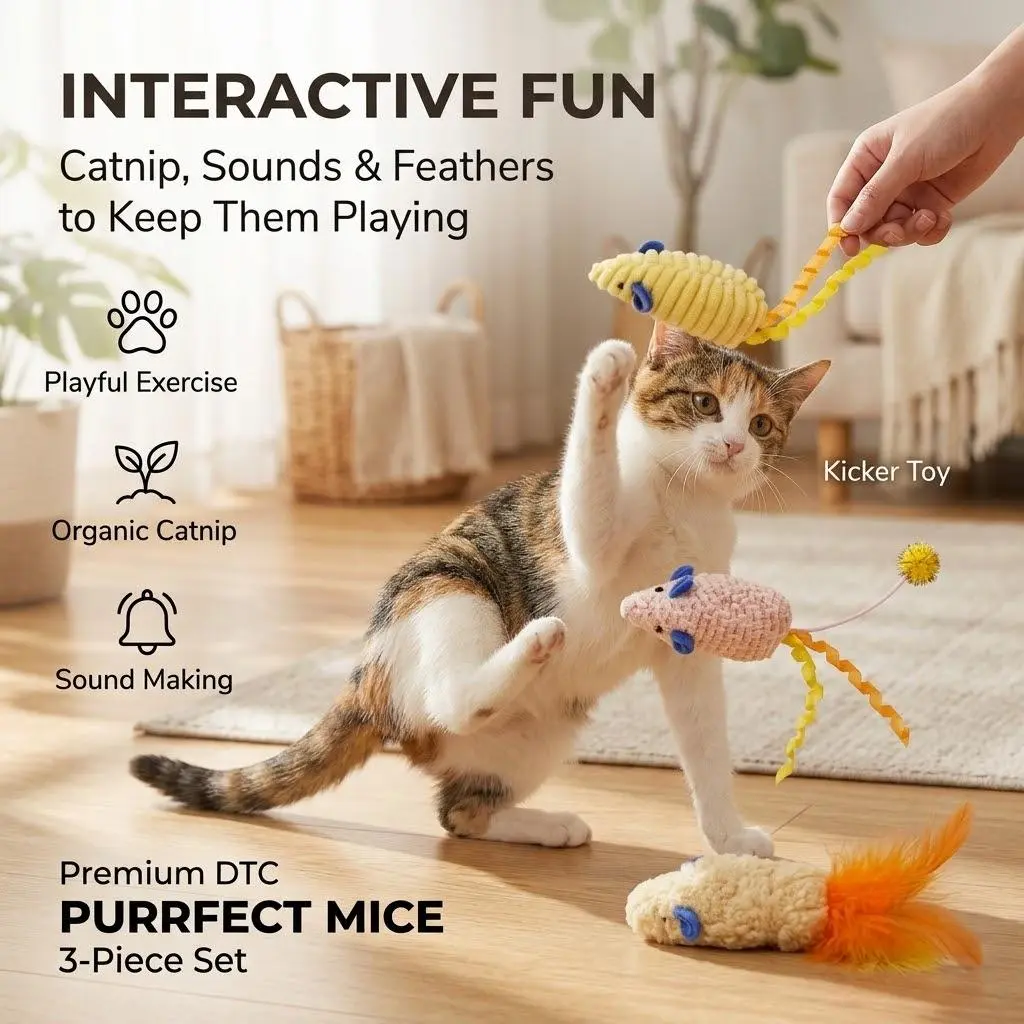 Plush Catnip Mouse Toy Set Interactive Sound-Making Chew Kicker Toy For Indoor Cats Kittens