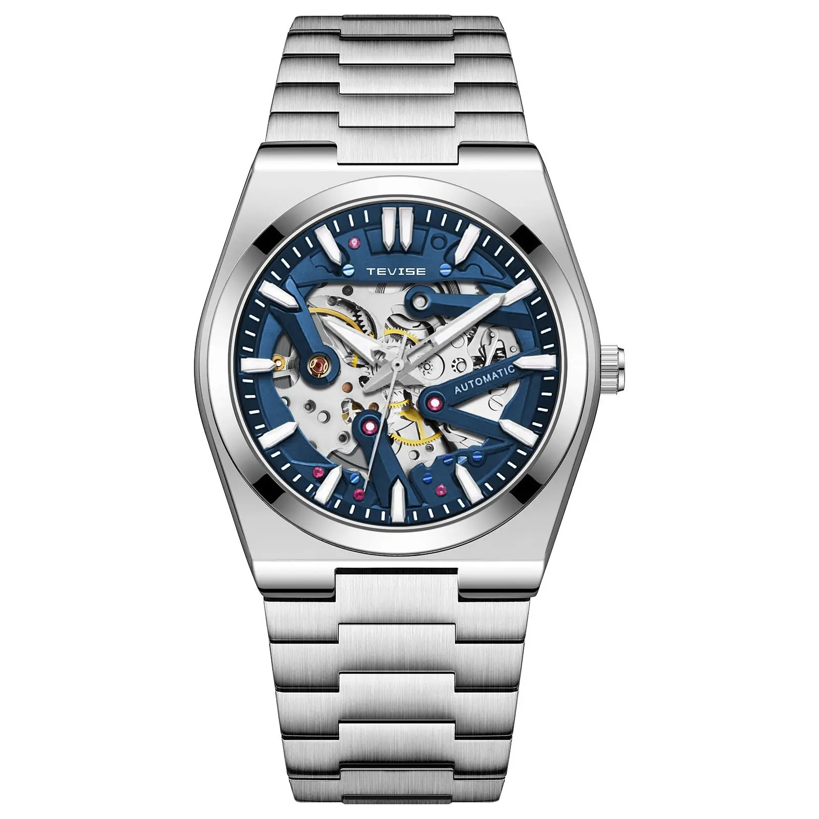 TEVISE Men Skeleton Automatic Watch, Stainless Steel Mechanical Wristwatch, Hollow Luminous Analogue Watch, Luxury Business Casual Timepiece, Exquisite Gentleman Gift, Multi-color Self Winding Watch for Daily & Outdoor