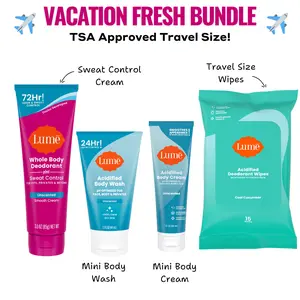 Lume's Vacation Fresh TSA Approved Travel Size Bundle: Sweat Control Cream, Body Wash, Body Cream, Deodorant Wipes for whole body and intimate