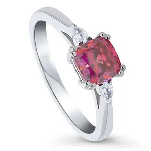 BERRICLE Sterling Silver 3-Stone Promise Rings for Her, 1.25 Carat Red Cushion Cut Cubic Zirconia CZ Ring