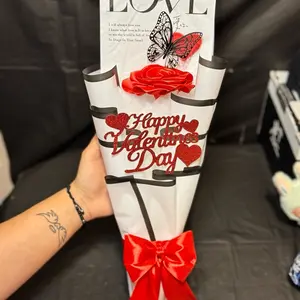 Single Eternal Red Rose Gift for Valentine’s Day with Love Letter Background, Black Butterfly, Red Ribbon, and Happy Valentine’s Day text