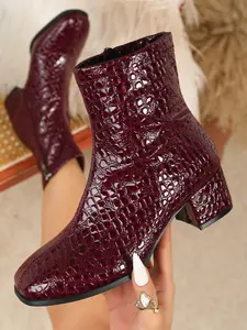 Burgundy Crocodile Pattern Pointed Toe Mid Heel Ankle Boots, Comfortable Chunky Heels with Side Zipper, Stylish Retro Women's Footwear