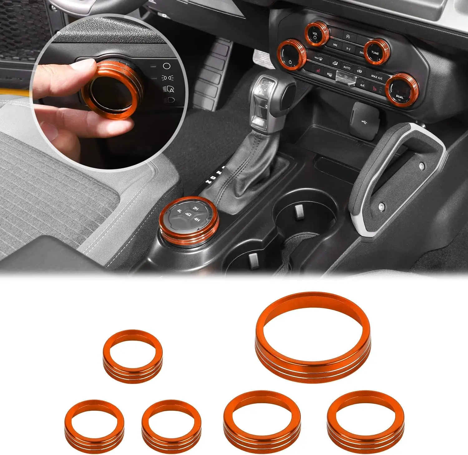Air Conditioner Headlight  Knob 4WD Wheel Drive Trailer Gear  Knob Cover for 2021-2025+ Ford Bronco Accessories  Alloy 6 count OrangeDon't fit Bronco