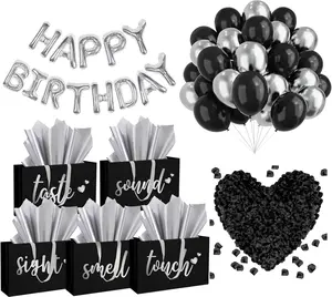 5 Senses Gift Bags Five Senses Birthday Party Decorations with Tissue Paper, Rose Petals and Happy Birthday Banner Balloons Five Senses Gift for Him Husband Boyfriend (Black Silver)