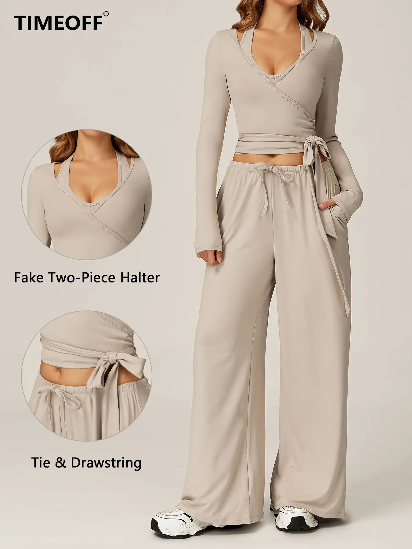 TIMEOFF Women 2 Piece Active Set Wrap Tie Long Sleeve Top & Drawstring Wide Leg Pants, Soft Stretchy Fabric With Side Pockets, Adjustable Fit Avoid Loose Sliding, Ideal For Yoga, Gym Workout, Jogging And Daily Casual Street Outfits