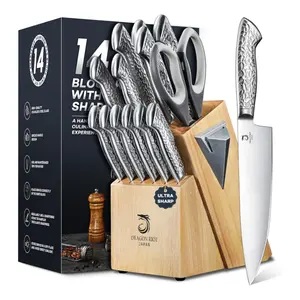 DRAGON RIOT 14 PCS Knife Set with Wood Block - Stainless Steel Kitchen Knife Block Set with Built in Sharpener, Dishwasher Safe, Rust Resistant, Non-Slip Ergonomic Handle - Gift for Men Women and Housewarming