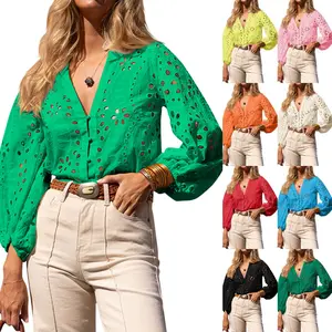 FMEYOA Womens Deep V Neck Eyelet Blouses Tops Dressy Casual 3/4 Balloon Sleeve Cotton Button Down Shirts