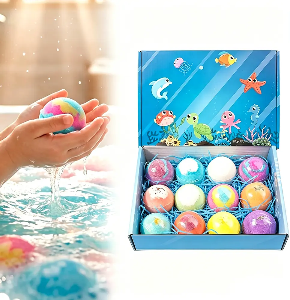 12 Pcs Kids Bath Bomb Gift Set with Surprise Toys - Non-Toxic Plant-Based Formula, Essential Oils, Moisturizing, Scented Gentle Body Care for Sensitive Skin, Sudsy Aromatherapy Bath Soaps for Boys & Girls, 50G, Skin Repair, Easter Egg Hunts