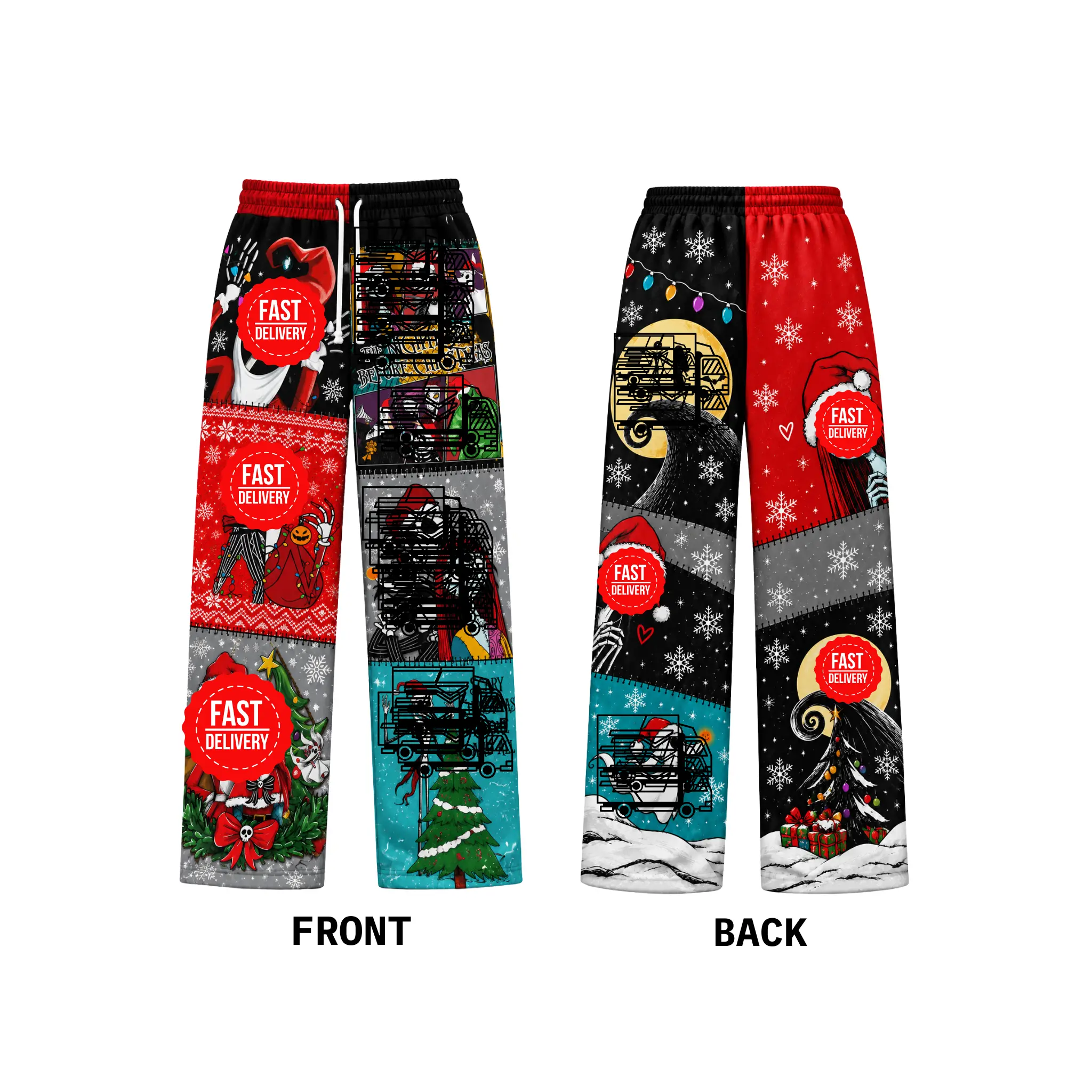 Spooky Christmas Loose Sweatpants, Gothic Holiday Patchwork Graphic Pants, Skeleton Couple Snowflake Christmas Tree Print, Casual Wide Leg Winter Sweatpants