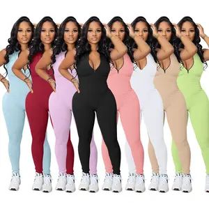 2025 Womens  Bodycon Ribbed Jumpsuit Sleeveless Zipper Mock Neck Skinny Long Pants One Piece Romper Outfit open front sweater cardigan music shirt summer woman pumpkin season pearl Oversized Striped chill guy trendy meme gift