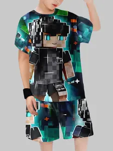 Minecraft Pixel Character 3D Printed Kids Short Sleeve Set, Summer Boys Game Two-Piece, Breathable Casual Clothing