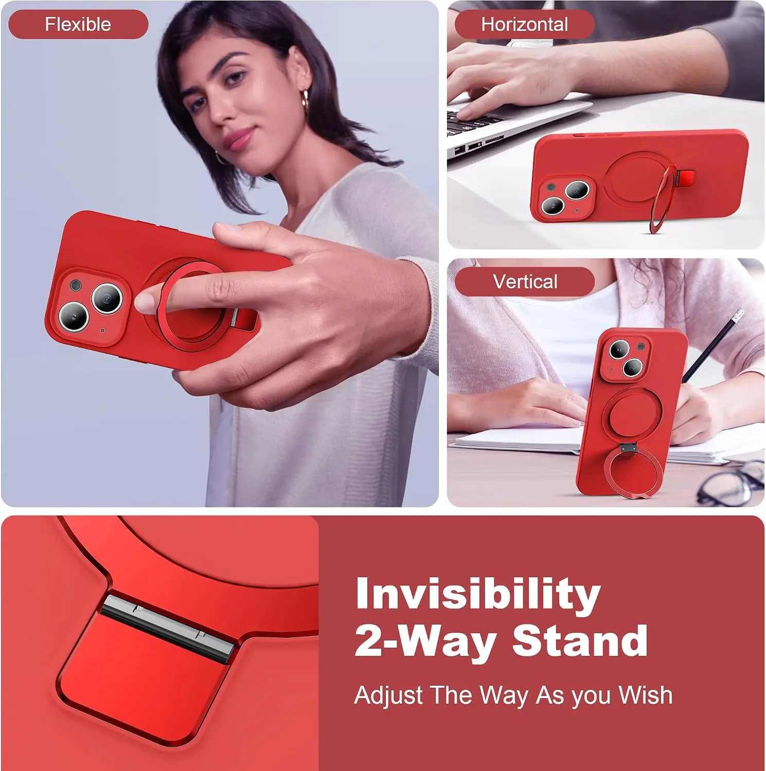 for iPhone 15 Plus Case with Magnetic Invisible Stand Compatible with MagSafeMilitary-Grade Protection Shockproof Liquid Silicone iPhone 15 Plus Phone Cases for Women Men Gift 6.7'',Red