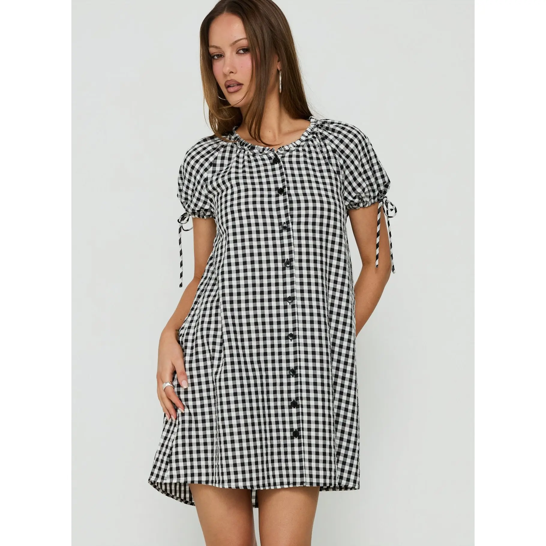 Angelikah Babydoll Mini Dress Black / White Gingham