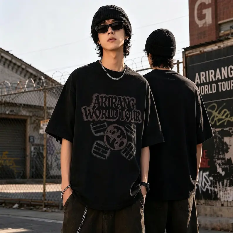 Arirang Tour K-Fashion Vintage Graphic Tee Oversized Black Cotton T-Shirt Retro Arirang World Tour Concert Vibe Heavyweight Drop Shoulder Crewneck Trendy Music Fan Gift