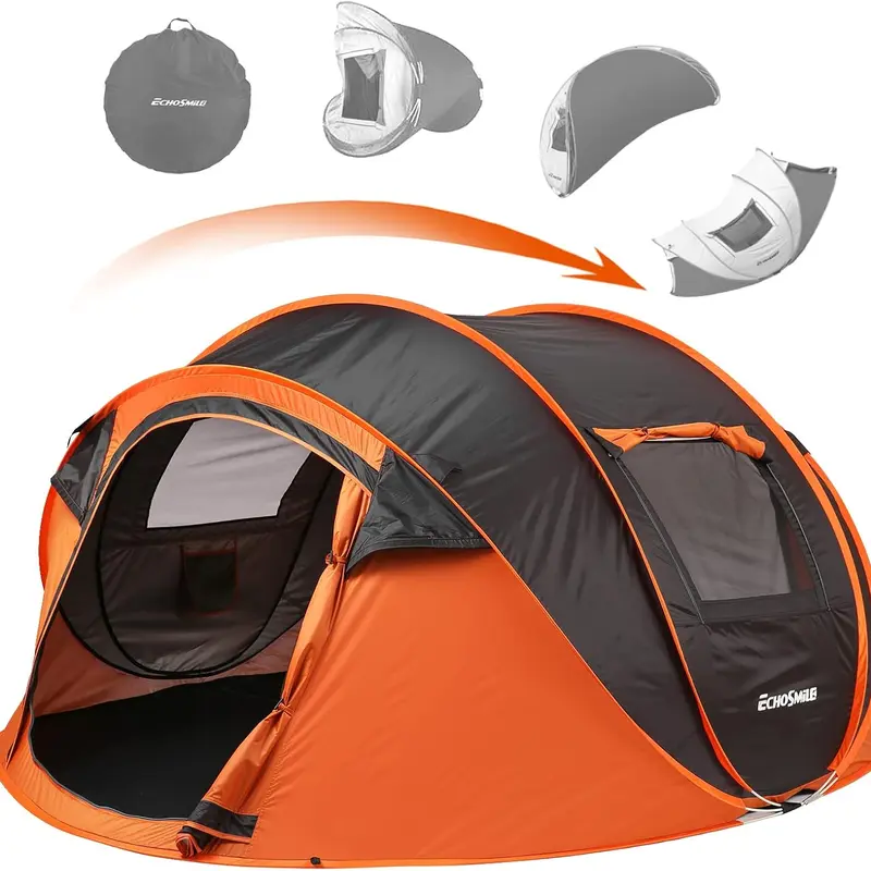 EchoSmile Family Tent - 2/6/8-Person, Waterproof, Large Space, Fiberglass Poles, Carry-Bag Ready, Automatic Retractable, Foldable Portable Outdoor Camping Tent with 2 Sleeping Bags/Pads