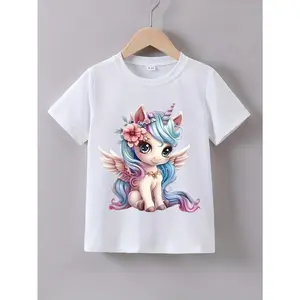 Girls' Summer Short Sleeve Casual Crew Neck Polyester Cartoon Unicorn Print T-Shirt, Slight Stretch Knit Fabric, Regular Fit