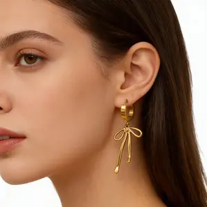 Female Golden Retro Bow Design Drop Earrings - Fashionable Elegant Jewelry for Daily Wear & Dates, Ideal Valentine's Day Gift (Beauty & Personal Care Ear Accessories)