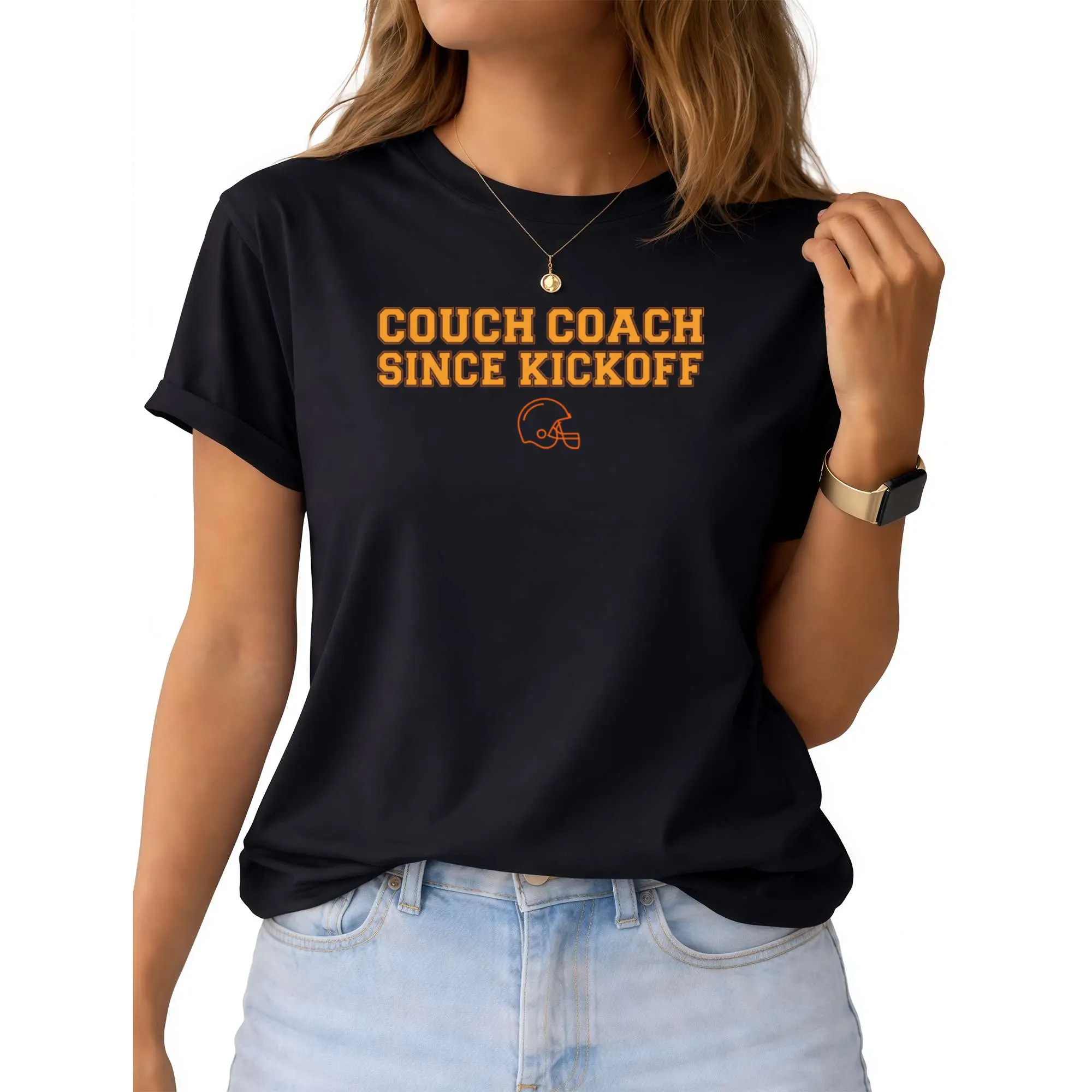 Vintage Athletic Lettering T Shirt Featuring Couch Coach Since Kickoff Slogan Suitable For At Home Game Viewing And Casual Weekend Outings