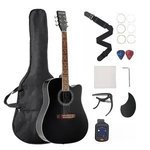 VEVOR Cutway Acoustic Guitar, 41 in, 6-String Black Solid Spruce Top Guitar, Beginner Bundle with Gig Bag, Tuner, Strap, Strings, Picks, Capo, Rosewood Fingerboard, for Adult Fingerstyle Solo Jazz