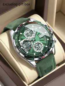 Poedagar Fashion Casual Men's Quartz Watch LED Bright Week Date Dual Display Digital Men's Quartz Watch PU Leather Strap Design Preferred Gift Modern Waterproof Watch Casual Wristwatch Modern Watches
