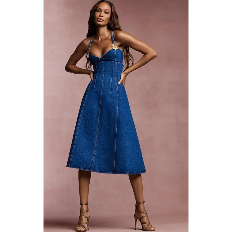 Women's Summer Dark Blue Denim Dress, with Metal Petal Decoration, Back  Zipper, Mid-Length Suspender Skirt, Casual Holiday Style. - TikTok Shop