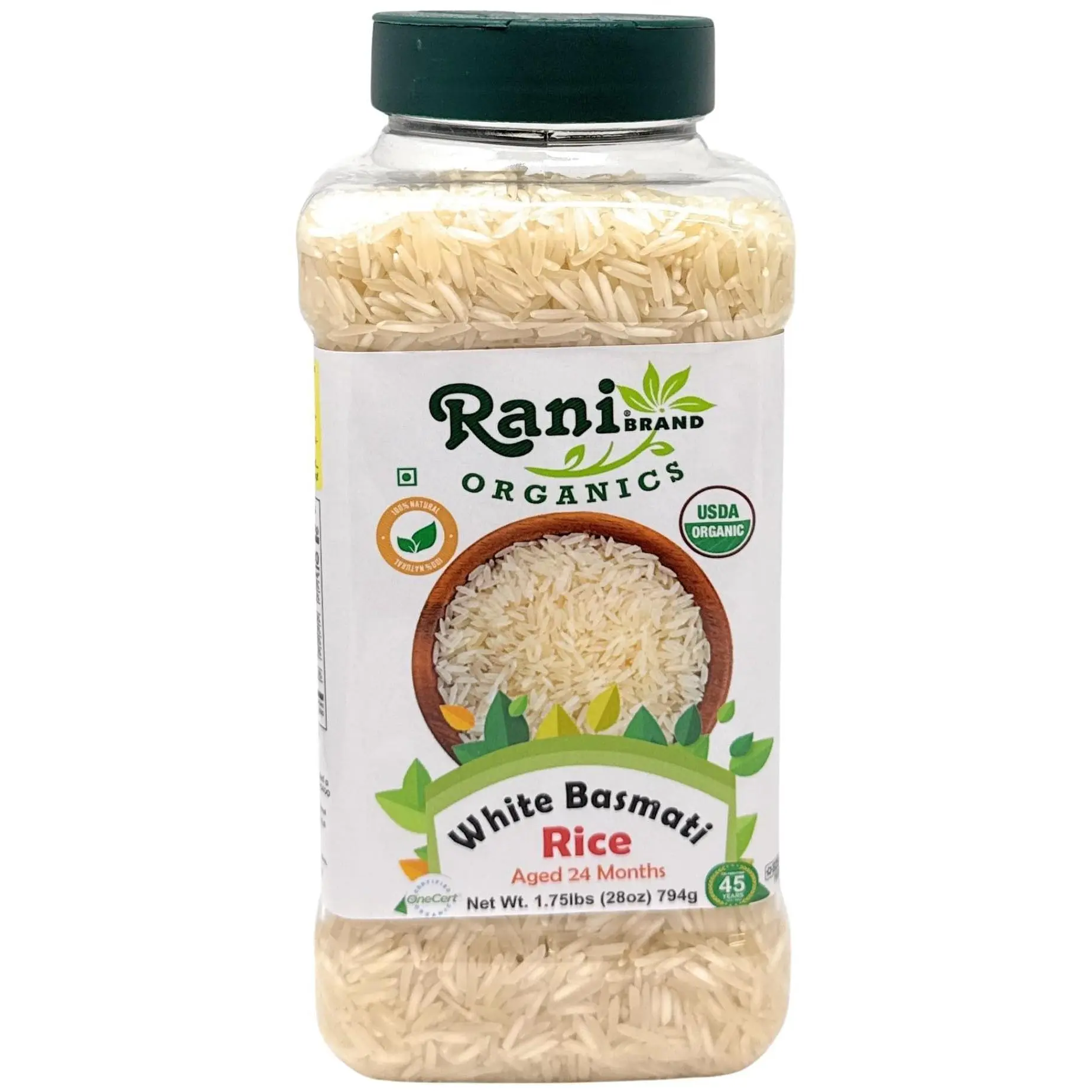 Rani Organic Platinum White Basmati Rice Extra Long Aged 28oz (1.75lbs) 800g PET Jar ~ All Natural | Gluten Friendly | Vegan | Indian Origin | Kosher | Export Quality | USDA Certified Organic