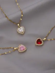 Elegant Heart Shaped Copper Pendant Necklace, Love Heart Necklace, Stainless Steel Chain, Zirconia Stone, Cubic Zirconia Pendant, Valentine's Day Gift for Girls and Ladies