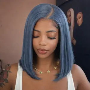 【Unique Color】CindiRiver 250% Density Misty Blue Color Bob Wig 5x5 HD Glueless Wig Human Hair Double Drawn 12 Inch Bob Wigs Side Part Blue Color Lace Front Wig Dark Blue Wig for Black Girls No Glue Needed & Easy to Install with Draw String