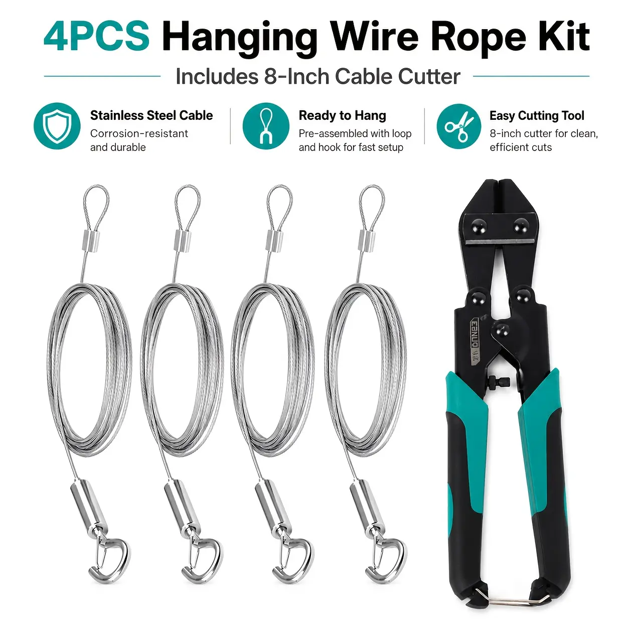 4-Pack Stainless Steel Hanging Wire Rope Kit with 8-Inch Cable Cutter, Pre-assembled Loop & Hook Cables for Signs, Frames, Lights, Displays & DIY Projects