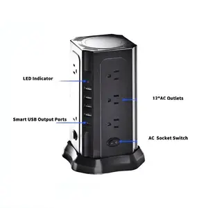 Power surge protection tower, capable of charging multiple devices with a tower, overload protection for home kitchens, dorm desks, equipped with 12 AC power sockets and 4 USB ports (including 1 USB C) power strip tower.