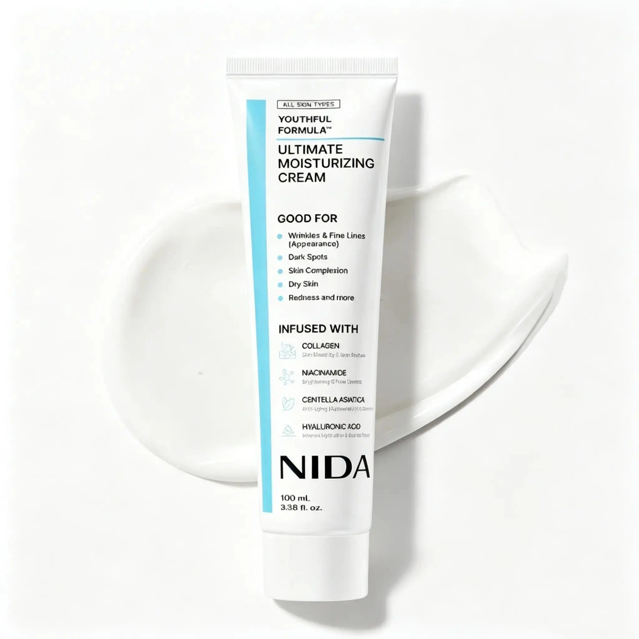 NIDA Youthful Formula Ultimate Moisturizing Cream - Collagen, Niacinamide & Centella Asiatica Face Cream. Deep Hydration for Wrinkles & Dark Spots (100mL) Moisturizers