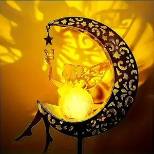 Garden Iron Fairy Hollow Light, Solar Star Moon Projection Lawn Lamp, Solar Pathway Lamp, Fantasy Forest Wonderland Style Stars Moons Flowers Elf Outdoor Decorative Lights