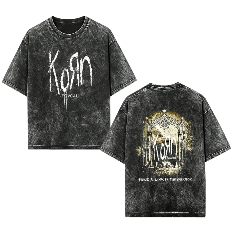 [EOVCAU][Sale Up To 60%]Korn Take A Look In The Mirror Faded Washed Mens Cotton T-Shirt,Casual Comfort Fit Apparel,Rock Band Graphic Top,Retro Music Lover Unisex Oversized tee，orn Take A Look In The Mirror Inspired Shirt，90s rock band merch fan shirt