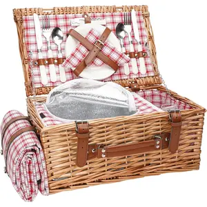 Wicker Picnic Basket Set for 2 Persons with Waterproof Picnic Blanket and Large Insulated Cooler Compartment, Willow Picnic Hamper Basket with Cutlery Service Kits for Camping, Wedding (Red)