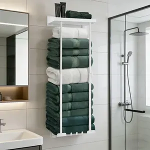 Bathroom Towel Storage Rack Retractable 30 inch Wall-Mounted Shelf with Hooks Holds 6 Large Towels Versatile Hanger for Small Bathrooms Kitchen Christmas Gift White