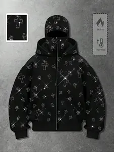 Cross Sparkling Diamond Hoodie for Men, American Retro Street Feng Shui Diamond Hoodie, Zipper Jacket, Simple Pocket Design, Autumn/Winter Loose Sports Wear, Autumn/Winter Plush Y2K Style Hoodie, Father's Day Gift for Dad