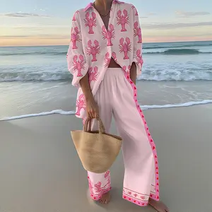 Summer Holiday Lobster Print Casual Two piece Set, Pink lobster print pattern collection, Beach style, Beachwear, Comfortable set, Stylish Wide Leg Two Pieces Set