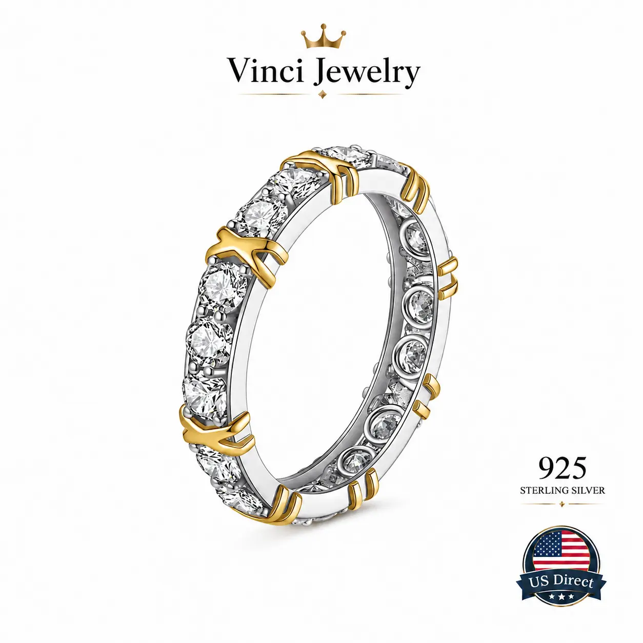 925 Sterling Silver 14K White Gold Plated 1.4CTW Total FGH 3mm Cut Cubic Zirconia Simulated Diamond Ring Full Eternity Wedding Band Stackable Eternity 2 Tone Ring Magnetology Lymphvity Ring Magnetic Zircon Shaping Cross Unclog Bloodstream and Lymph Nodes