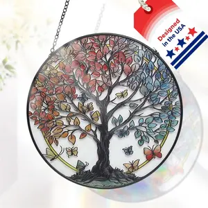 Tree of Life Sun Catcher Suncatcher - Indoor/Outdoor Stained Glass Window Hanging, Handmade Gift for Home Garden Christmas Wedding Housewarming Decor (6.31x6.31 In)