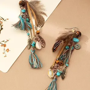 Bohemian Feather Tassel Earrings: Zinc Alloy, Turquoise, and Wooden Beads, Suitable for Everyday Wear(Sheet)