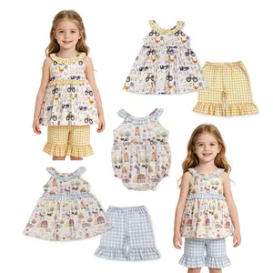 Toddler Girl Farm Animal Tunic Top & Gingham Shorts Set - Cute Cow Tractor Summer Outfit