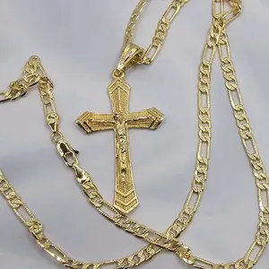 CHRIST ON THE CROSS Figaro style necklace gold-plated gold color