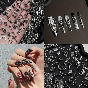 80PCS Gothic Punk 3D Nail Charms - Black Alloy Metal Studs, Chains Bulk Pack, Gothic Look Decorations for Press On Nails, Phone Case DIY Home Supplies