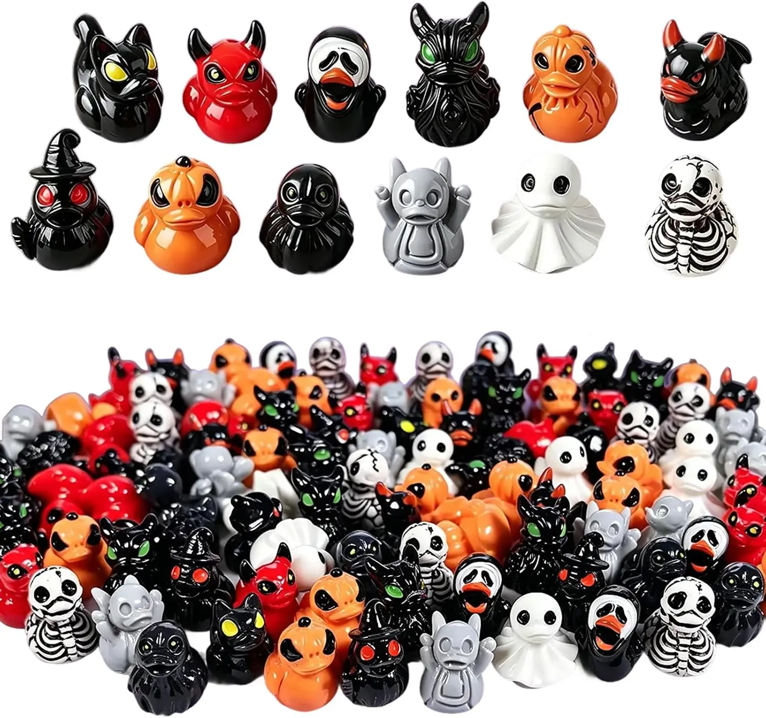 60PCS Small Size Resin Mini Ducks Figurines - Devil, Ghost, Skeleton Designs, Decorative Ornaments for Shelf, Table, Spooky Desktop, Halloween Party Favors, DIY Craft Dollhouse Home Decor, Lightweight