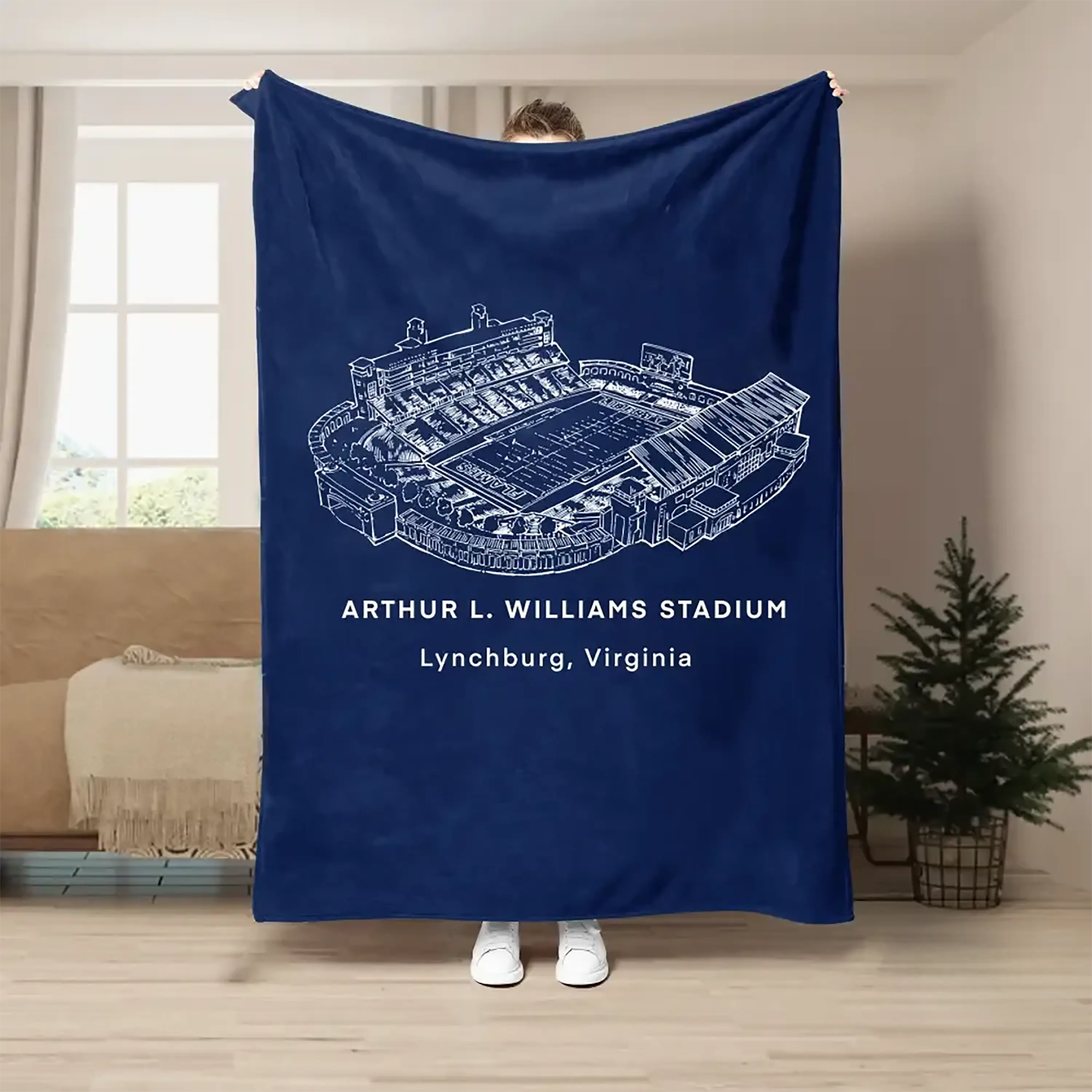 Arthur L. Williams Stadium Flannel Blanket - Liberty Football Throw - Flames Fan Gift - Lynchburg Game Day Blueprint Decor