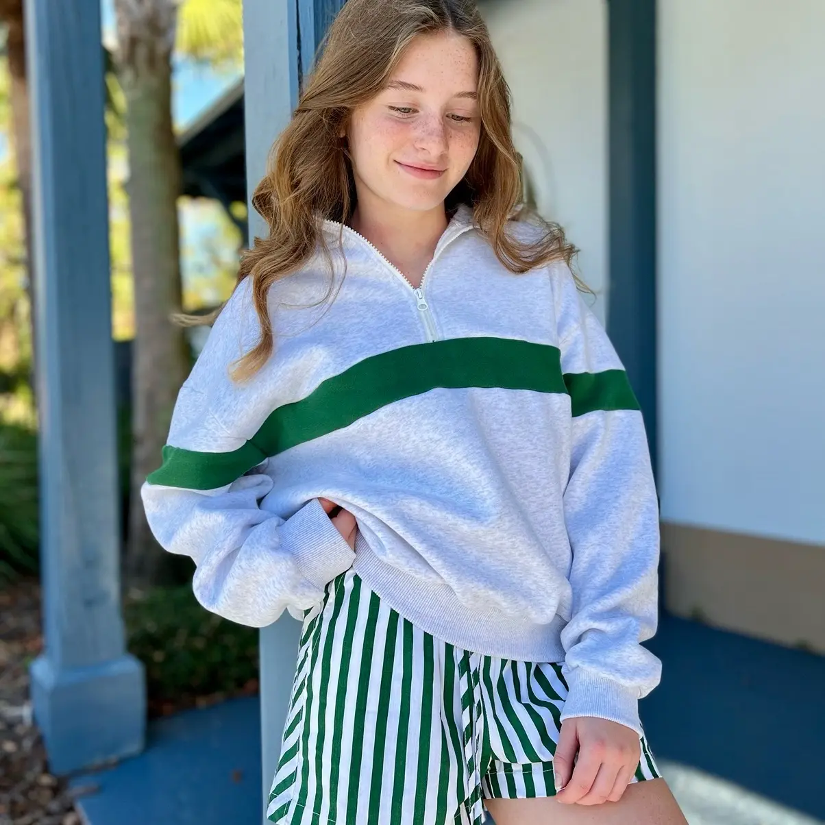 TWO-TONED HALF ZIP COLLAR SWEATSHIRT Womenswear Pullover Comfort Casual