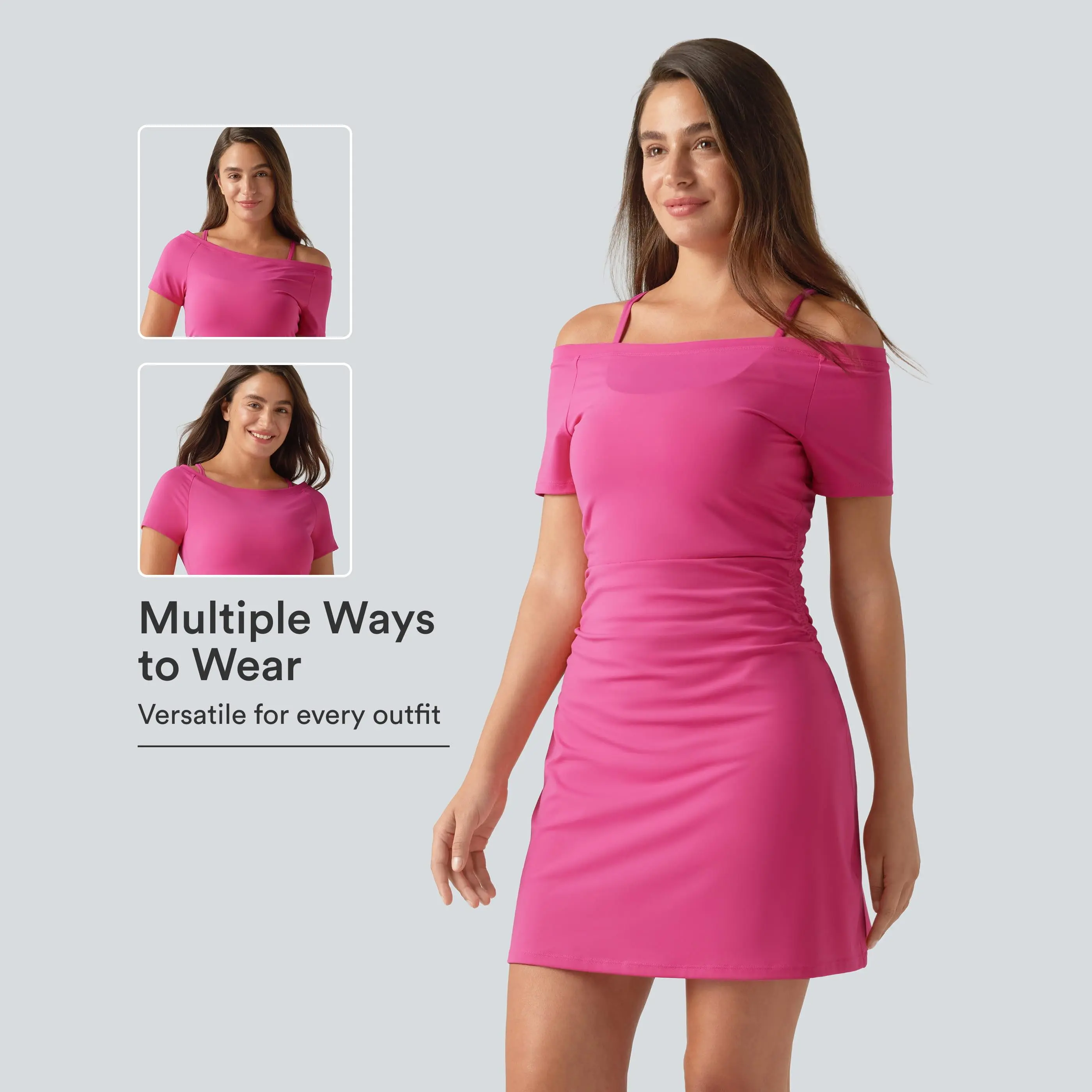 Halara SoftlyZero™ Plush Off-shoulder Ruched 2-in-1 Built-in Bra Mini Yoga Active Dress with Pockets-Easy Peezy A-D Cups