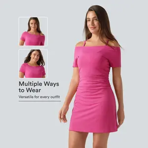 Halara SoftlyZero™ Plush Off-shoulder Ruched 2-in-1 Built-in Bra Mini Yoga Active Dress with Pockets-Easy Peezy A-D Cups