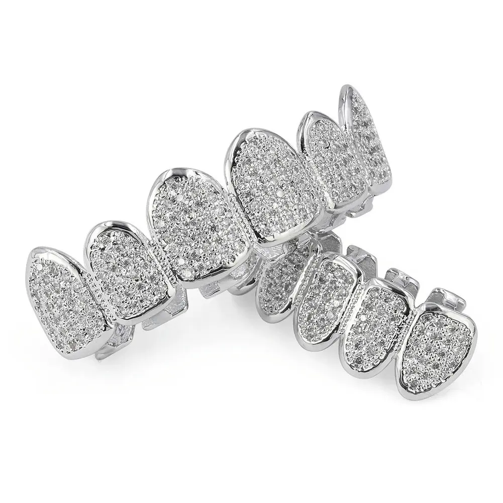 Cosmetic Full Diamond Gold-Plated Zirconium Teeth Braces, Halloween Vampire Fangs, Hip Hop Costume Jewelry Accessory